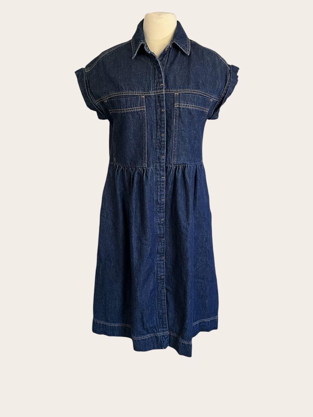 MAYE Harper Indigo Denim Classic Button Down Cap Sleeve Shirt Dress Size Small